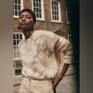 Sezane Cream and Tan Floral Sweater